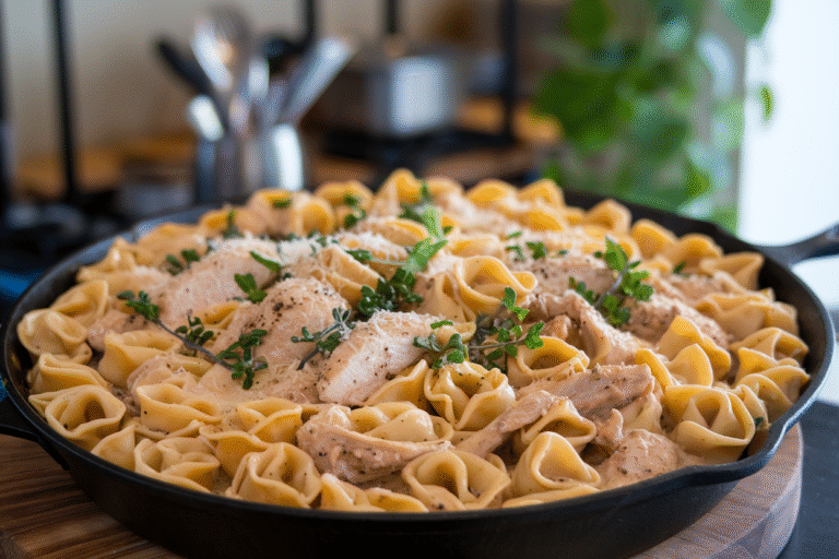 Skillet Chicken Tortellini Alfredo That Breaks the “Weeknight Dinner” Speed Limit