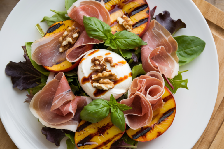Grilled Peach Burrata Salad with Prosciutto and Basil