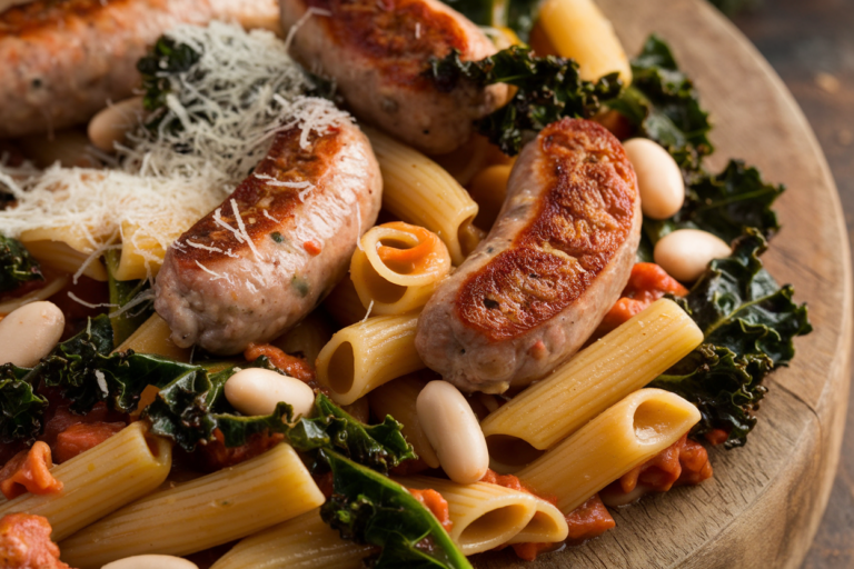 Easy One-Pan Sausage and White Bean Pasta with Kale