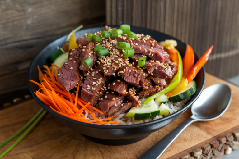 Korean Beef Bulgogi Bowl Recipe with Quick Pickled Vegetables