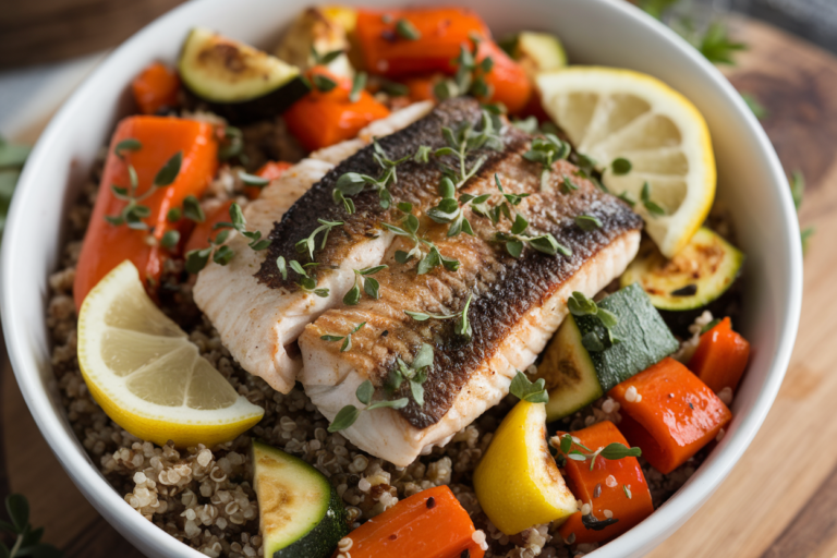 Seared Tilapia with Roasted Veggie Grain Bowl (Easy & Healthy)