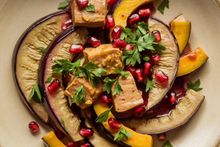 Easy Pomegranate-Glazed Eggplant with Squash and Tempeh