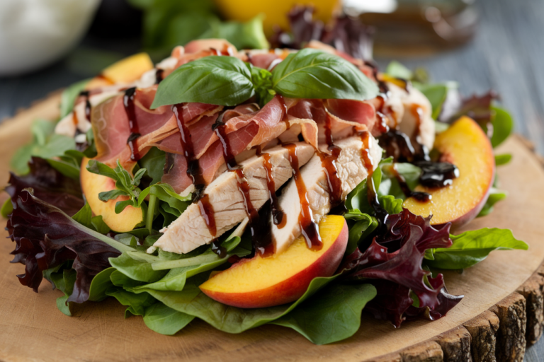 Easy Balsamic Peach Chicken Salad with Crispy Prosciutto