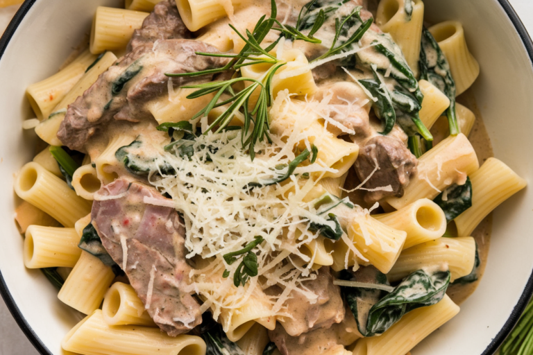 Easy Tuscan Beef Pasta with Spinach